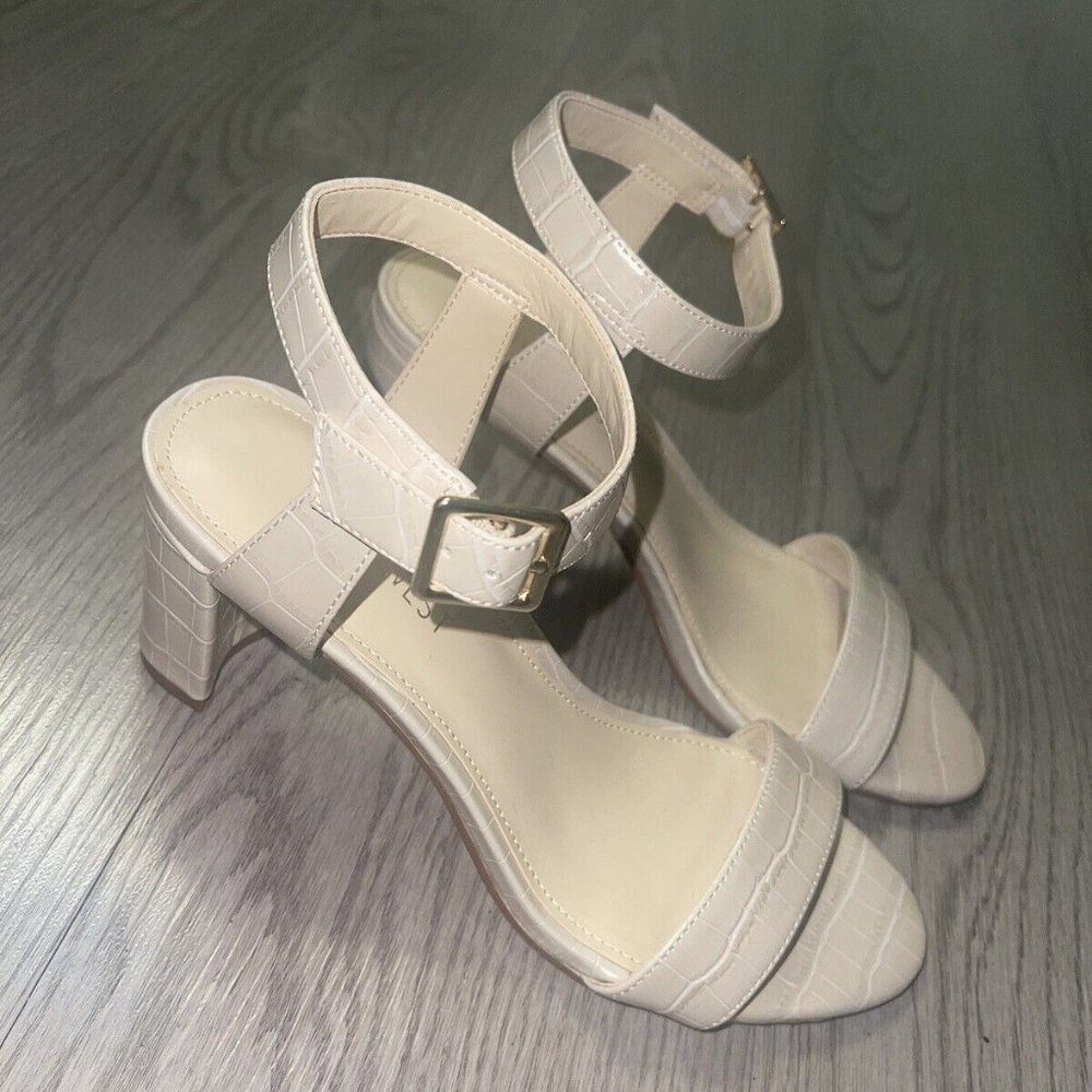 Nine West Cream Sandals Croc Strappy Pixel City Heel Ankle Strap Casual Boho 5m